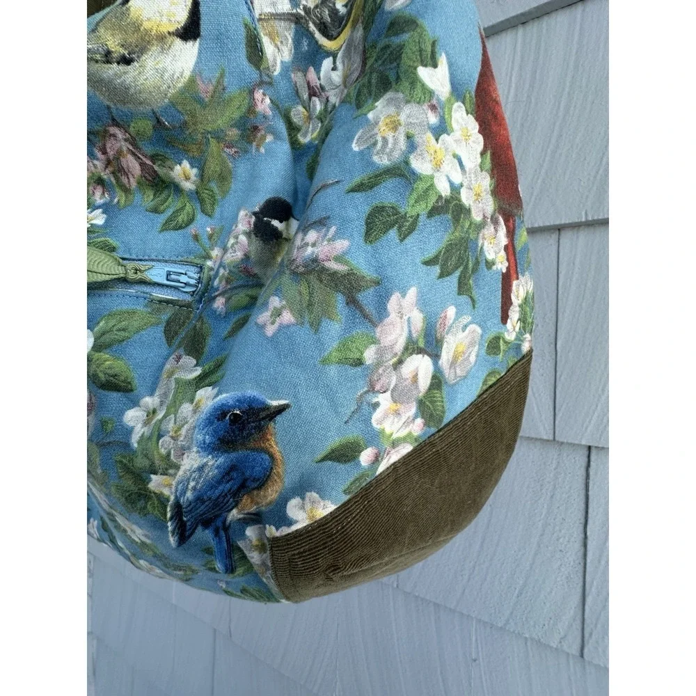 Sally Bag Bird Print Shoulder‎ Bag Floral Cotton Corduroy Trim Zip Hobo